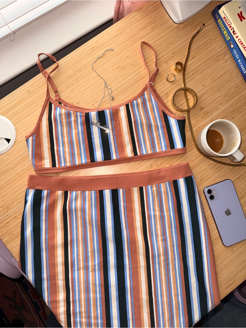 Aritzia Striped Two-Piece Crop Top & Mini Skirt — Rust, Navy, White, Light Blue